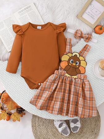 Baby Girls' Cute Turkey Plaid Suspender Dress With Long Sleeve Bodysuit Set, Adorable & Playful For Autumn, Suitable For Outings Or Home (Comes With Cute Bow Headband)