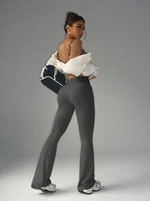 FWH 时尚休闲简约提臀蜜桃臀时尚优雅街头复古显瘦低调奢华拉长腿部线条经典简约高端显瘦高腰百搭喇叭裤新款欧式束腰健身阔腿瑜伽裤紧身裤 - 灰色 - 查看 5