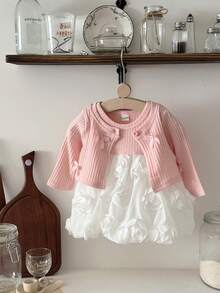 2 件套女婴甜美白玫瑰公主裙 + 长袖蝴蝶结动物耳朵开衫套装，春秋