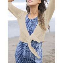 Women Tie Front Shrug 3/4 Sleeve Sheer Bolero Knotted Lightweight Cardigan For Women Tops Women Fall Outfits - 淺卡其色 - 查看 2