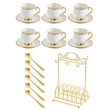 1套欧式奢华金边陶瓷咖啡杯套装带勺，美式咖啡杯碟，奶茶杯，金边陶瓷咖啡杯碟，优雅土耳其咖啡杯碟套装，适用于茶会，下午茶，早茶，聚会等 - 彩色 - 查看 15