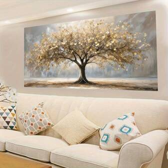 1pc Frameless, Elegant Tree Of Life Golden Leaf Golden And Beige Canvas Print, Large Size Decorative Poster Suitable For Living Room Wall Decoration, Bedroom, Office Wall Decor Holiday Gift Unframed