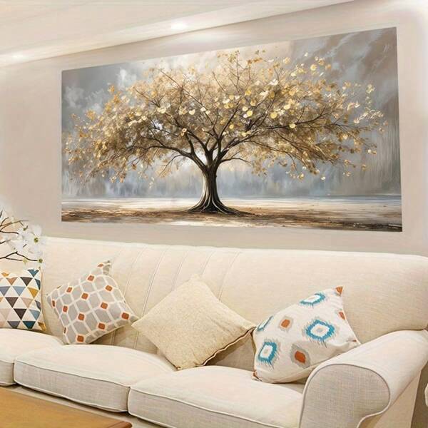 1 Stück Rahmenlos, eleganter Lebensbaum mit goldenen Blättern, goldener und beiger Leinwanddruck, großes dekoratives Poster, geeignet für Wohnzimmerwand, Schlafzimmer, Büro Wanddekoration, Geschenk ohne Rahmen