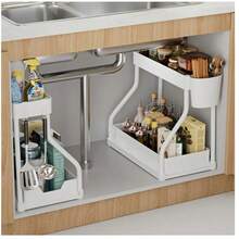 1pc/2pcs Packaging Space Saving 2 Tier Pull Out Organizer - Durable Plastic Adjustable Shelves & Baskets For Kitchen & Bathroom Shelves, Holds Bottles, Spices, Cutlery, Cleaning Supplies - Under Cabinet Mounting, Compact Design For Easy Maintenance, Fashionable Style, Sturdy Construction, A Must For Apartment Living Model 2025 - 2pcs白色 - 查看 2