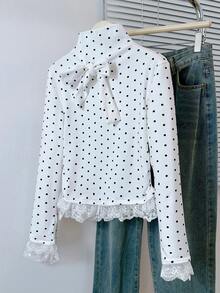 蝴蝶结和波点半高领T恤，秋季修身蕾丝边长袖上衣