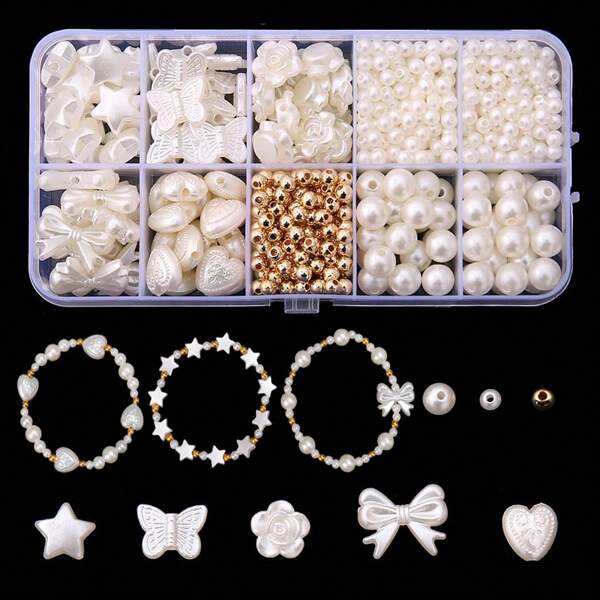 800pcs White Acrylic Bead Set In 10 Compartments / 50pcs Bowknot - DIY Jewelry Making, Bracelet And Necklace Crafts - Excellent Creative Material