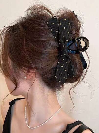 Claw Clips 1pc Starry Night Bowknot Hair Clip, Large Size Elegant Bow Hairpins, Princess Style Hair Accessories Bow Hair Clips, Bow Accessories, School Stuff, College Autumn Accessories Fall Winter For Vacation Outfits Woman