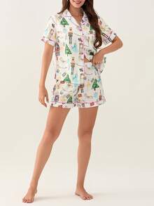 Christmas Pajamas Shorts Set For Women Santa Claus Pjs Button Up Shirt+Shorts 2 Piece Xmas Jammies Loungewear - Green - View 6