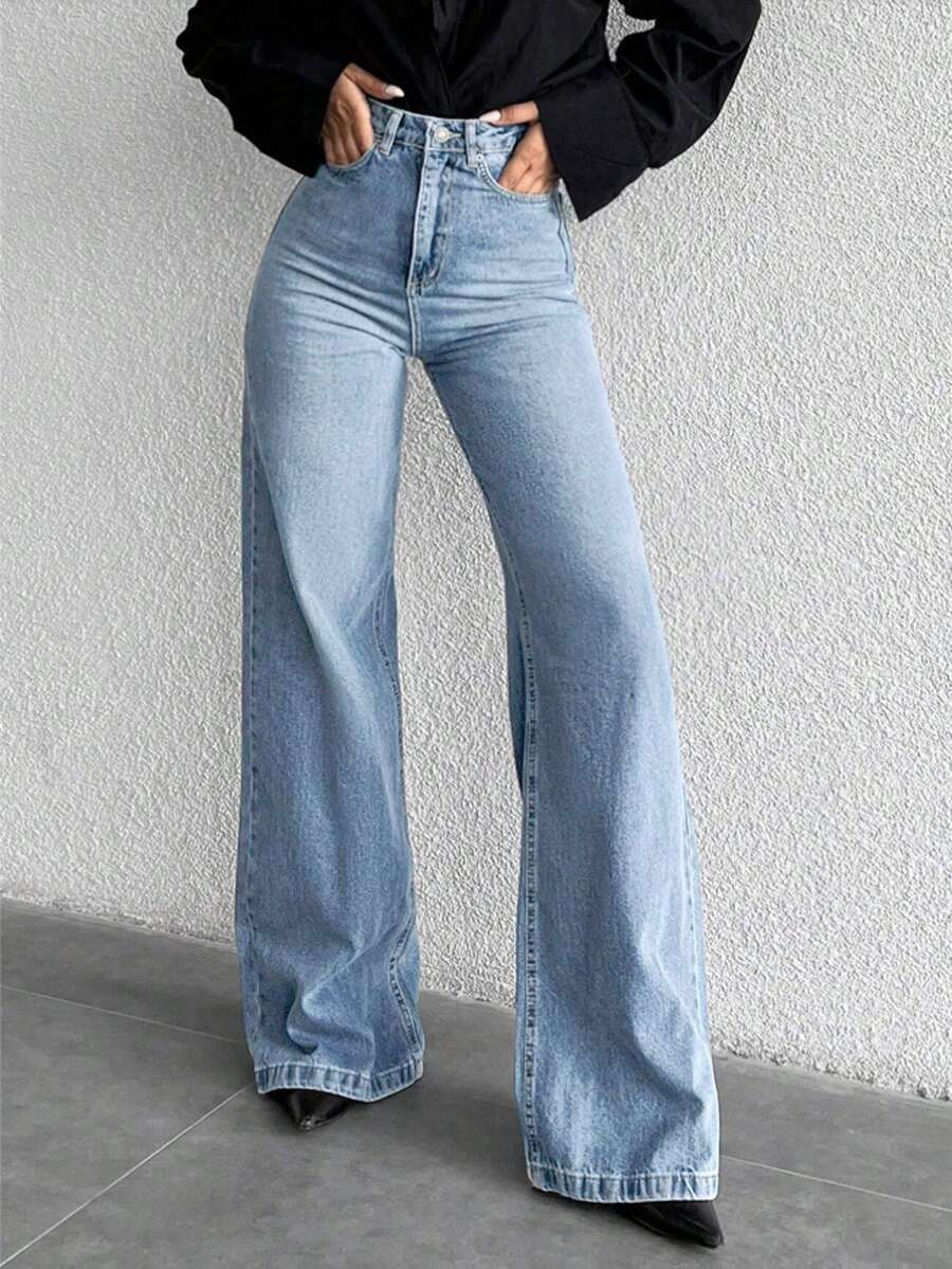 Jeans casuales de cintura alta y ajuste delgado para adolescentes - Celeste - Ver 1
