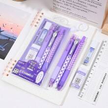 6 Stücke/Set Schüler Prüfungs Schreibwaren Set, mechanischer Bleistift Set, Bleistift Schreibwaren Set Geschenkbox, Schüler Preis Cartoon Schreibwaren Set süßer Bleistift Geschenk Schulsachen Schulanfang (2 Stücke schwarze Gelschreiber + 1 Stück Lineal + 1 Stück Bleistift + 1 Stück Bleistiftmine + 1 Stück Radiergummi)