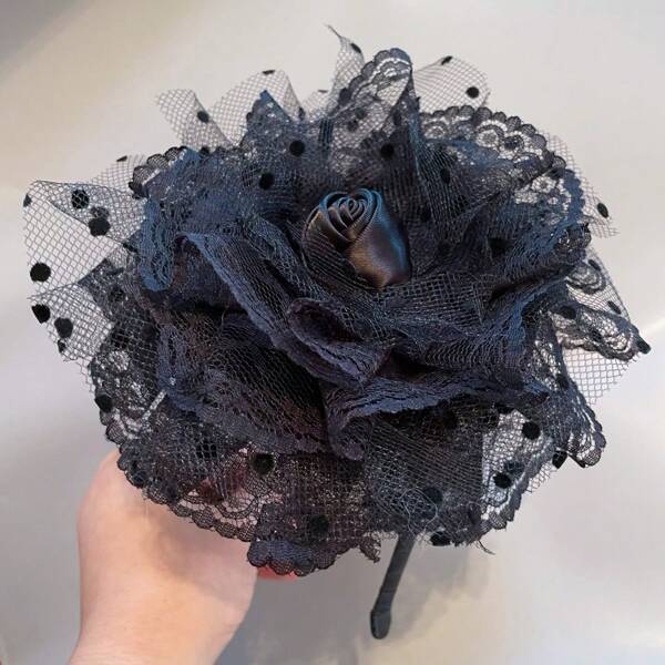 Black Small Top Hat Headband With Black Veil And Flowers, Suitable For Parties, Retro Style, Ideal For Girls, Made Of Polyester Fiber, Hair Band, Hair Hoop
