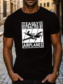 Camisetas de Manga Corta para Hombre con Estampado de Aviones Fáciles de Distraer, Cómodas y Casuales con Cuello Redondo Elástico para Actividades al Aire Libre - Estilo negro 2 - Ver 1