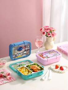 1pc Cute Cartoon Bento Box With Fork And Spoon, Divided Portable Lunch Box, Large Capacity Lunch Container, Leak-Proof Plastic Lunch Box, Stackable Lunch Compartments - Multicolor - View 2