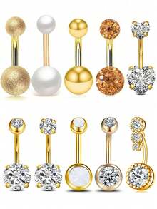 10pcs Stainless Steel Short Belly Button Rings, Suitable For Women's Daily Wear, Music Festivals