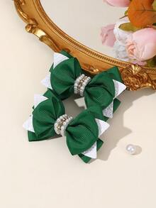2 件国庆节绿色珍珠蝴蝶结发夹，可爱女孩发夹适合派对和日常生活 - 綠色 - 查看 4