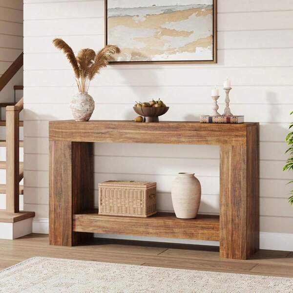 47.24 Inches Long Console Table For Entryway, 2-Tier Large Sofa Table With Storage, Wood Farmhouse Console Table For Living Room, Wooden Entrance Entry Table For Entryway