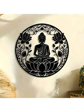 1pc Intricate Zen Buddhist Statue & Floral Design Creative Metal Black Decorative Wall Hanging, Suitable For Living Room, Entryway, Meditation Room, Home Decor, Yoga Enthusiasts Gift, Blessing Ornament