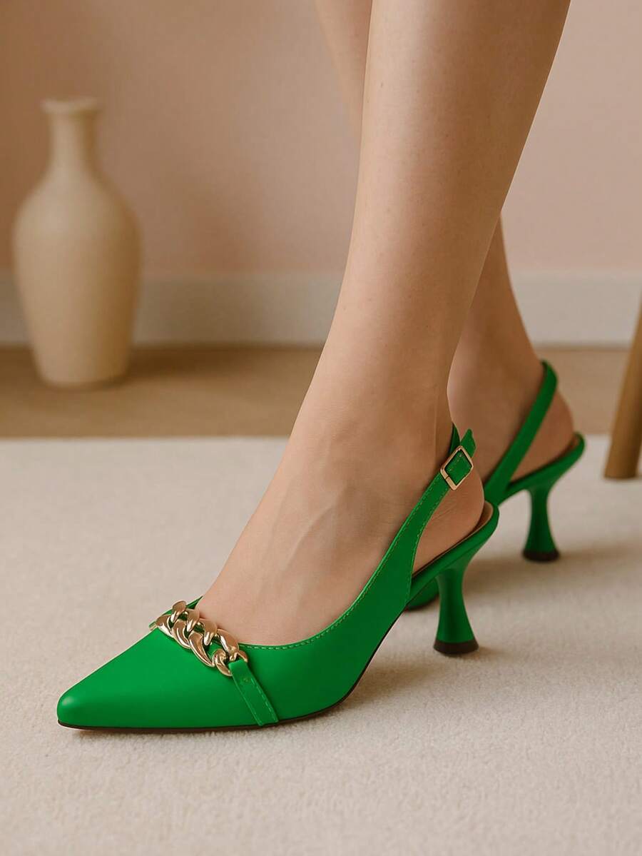 Mozione Open Back Pumps Heel Cup With Chain 081 - Army Green - View 1