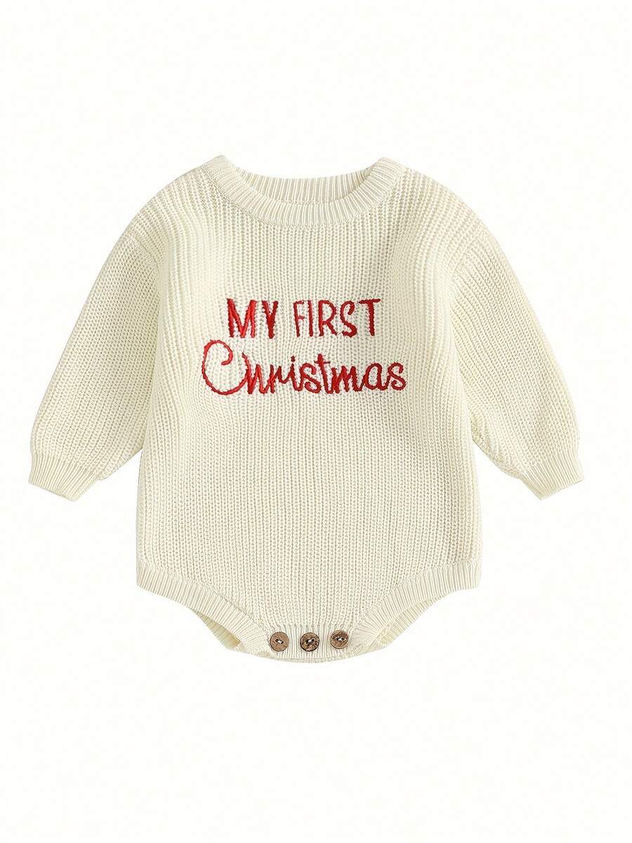Mono de punto con cuello redondo y manga larga con bordado de letras para bebé, mi primer suéter navideño - Blanco - Ver 1
