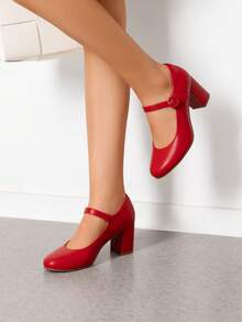 Women's Mary Janes Chunky Heel Pumps Round Toe Solid Color Comfortable Party Wedding Dress Shoes - 紅色 - 查看 2
