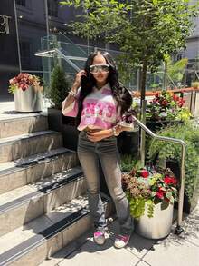 Ins Europe And America 2025 Summer Dopamine Sweet Style Pink Digital Print Cutout Loose Top Women's T-Shirt - 粉色 - 查看 2