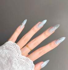 OroBelle 2025 Blue Cat Eye & Watercolor Press-On Nails| Long Oval Shape| With Starry Glitter, Holographic Flows & Bow Details| Icy Blue Glass Pearl Nail Art - S - Xem 8