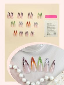 24片长尖头自粘假指甲，豹纹和大理石纹理设计，覆盖所有指甲，适合秋冬季美甲，也适合女士和女孩的法式美甲贴纸。美甲用品 - 彩色 - 查看 2