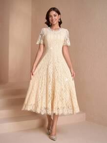 优雅圆领修身女士奢华连衣裙，迷人性感，适合派对穿着 - 淡黃色 - 查看 1