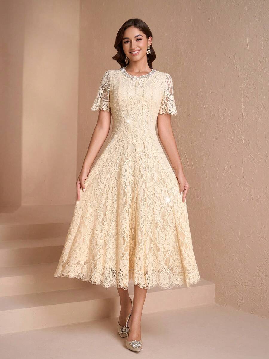 优雅圆领修身女士奢华连衣裙，迷人性感，适合派对穿着 - 淡黃色 - 查看 1