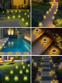 Circular Solar Floor Lamp, 8/16/24 Pieces, 8LED Ultra-Bright Solar Outdoor IP44 Waterproof Courtyard Driveway Sidewalk Landscape Lamp, Outdoor Garden Ground Plug Lamp Lighting, Ground Buried Lamp, Terrace Swimming Pool Step Lamp, Solar Automatic Sensor Lighting - 800mah - 暖光 - 查看 9