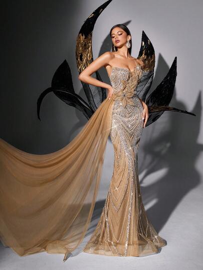 Shiny Sequin Formal Dress, Floral Decor, High-End Evening Gown, Suitable For Upscale Dinner, Grand Gala, Birthday Party, Cocktail Party, Graduation Dance, Awards Ceremony, Etc. Solid Color Strapless Mermaid Hem Dress Wedding Spring