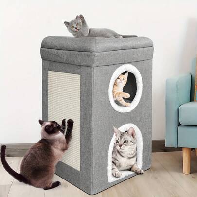 Large Cat House Cosy Bed Pet Cats Cave Condo Furry Soft Cushion Scratch Pad Grey