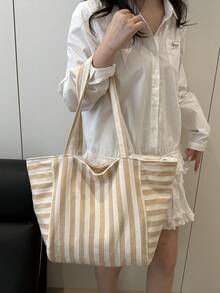 时尚复古条纹帆布手提包，大容量，用途广泛，是工作、上学或户外活动的理想之选，可用作背包、帆布包或沙滩包。 - 卡其色 - 查看 6