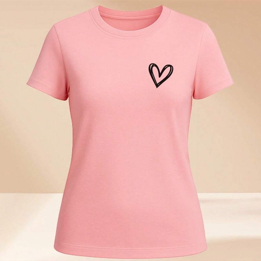 Women's Basic T-Shirt Cute Heart 100% Cotton Various Colors - 淺粉色 - 查看 1
