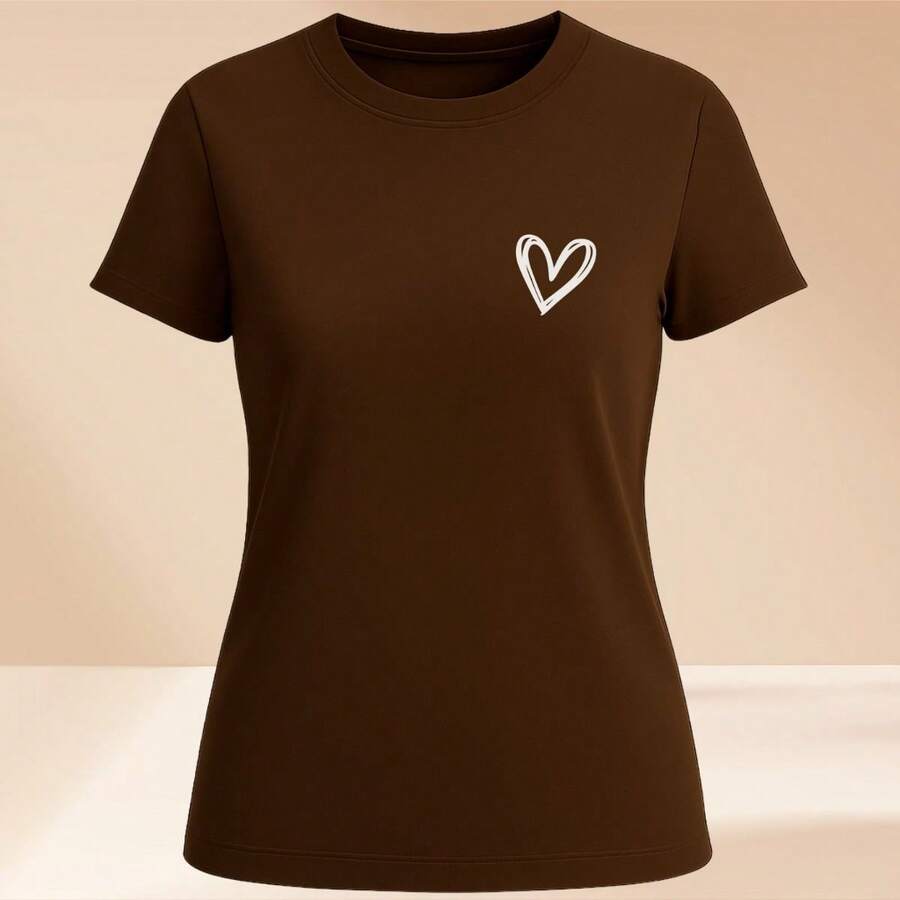 Women's Basic T-Shirt Cute Heart 100% Cotton Various Colors - 鏽棕色 - 查看 1
