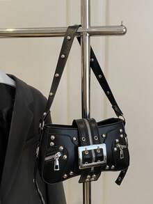 Fashion Rivet Women's Shoulder Bag, Underarm Bag, Crescent Bag, Belt Clip Motorcycle Bag - Black - View 6