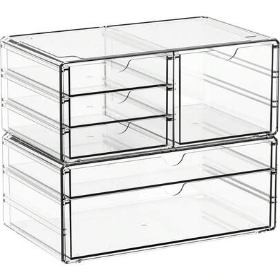 Yieach 2 Pack Acrylic Drawer Organizer With 6 Drawers,Stackable 11.1" Large Storage Drawers And Makeup Organizer Vanity,Bathroom Countertop,Cabinet,Pantry,Office Supply Storage Bins Drawers