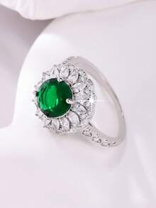 1 Stück modischer, eleganter Blumen-förmiger Zirkonia-besetzter runder Ring, Damen Strand-Urlaub, Date, Geschenk, Lässig, Party Accessoire