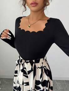 Vestido elegante de manga larga con cuello cuadrado, bajo curvo y estampado de plantas en patchwork para damas - Negro - Ver 7