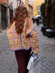 Women's Casual Asymmetric Pocket Printed Warm Jacket, Autumn/Winter - Orange - View 3