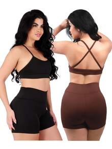 Work Fitness Kit 2 Set Bare Back Top With Cross Straps And Bermuda Shorts Basic Premium - Black and Brown - View 1