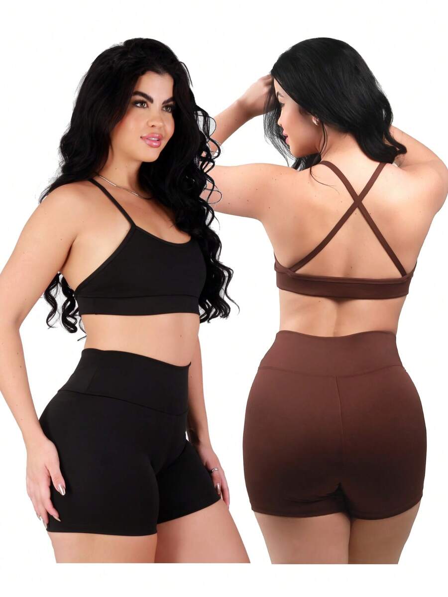 Work Fitness Kit 2 Set Bare Back Top With Cross Straps And Bermuda Shorts Basic Premium - Black and Brown - View 1