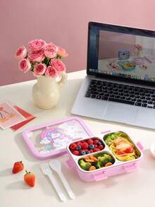 1pc Cute Cartoon Bento Box With Fork And Spoon, Divided Portable Lunch Box, Large Capacity Lunch Container, Leak-Proof Plastic Lunch Box, Stackable Lunch Compartments - Multicolor - View 6