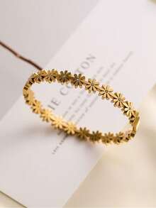 RAYQUEEN 1pc Stainless Steel Flower Rhinestone Inlaid Gold Tone Fashionable Versatile Bracelet For Women, Suitable For Daily Wear - Yellow Gold - View 4