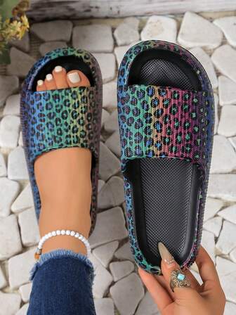 女士夏季休闲豹纹拖鞋，优雅彩色豹纹厚底拖鞋，适合旅行、沙滩、居家、宿舍、大码、母亲节礼物