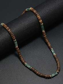 1 件复古波西米亚天然石项链，夏季珠宝，带棕色椰子壳和木珠，男士配饰