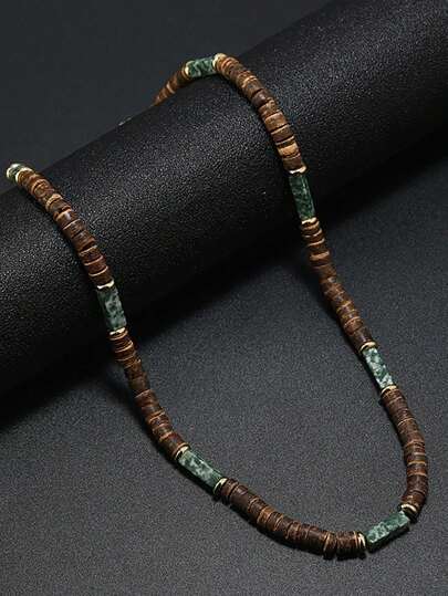 1 件复古波西米亚天然石项链，夏季珠宝，带棕色椰子壳和木珠，男士配饰