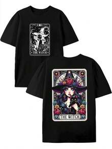 Maglietta da uomo con stampa floreale e gatto nero, stile gotico strega, scollo rotondo casual, 220 g/m² di puro cotone (1 pezzo)