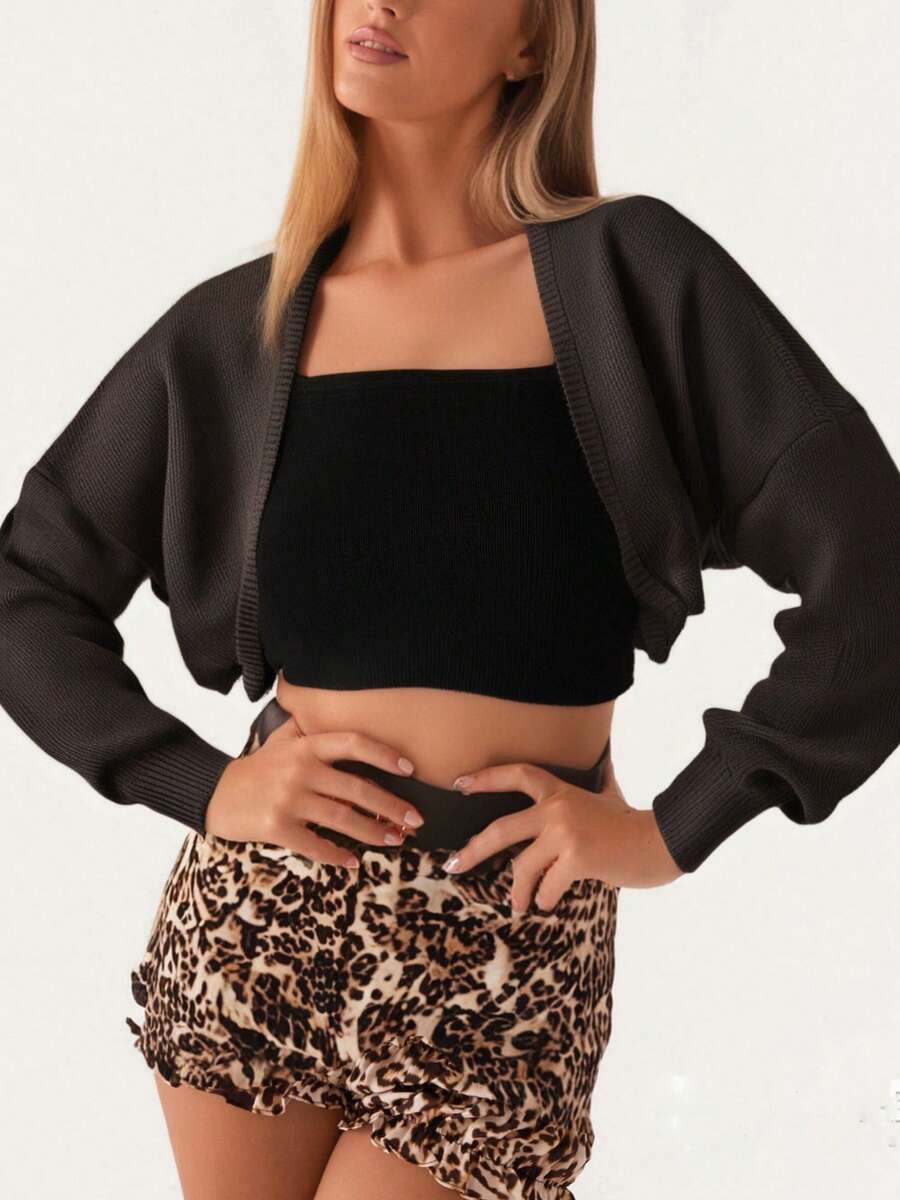 Women Open Front Bolero Shrug Long Sleeve Drop Shoulder Cropped Cardigan Sweaters Crochet Dressy Cardigans For Dresses Outerwear - Màu Khaki - Xem 1