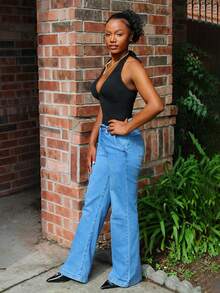 Steph T Body de mujer negro sexy con cuello en V profundo, drapeado, espalda abierta y cuello halter, de diseño minimalista, cómodo y versátil, adecuado para primavera y verano, ajuste ceñido y elástico